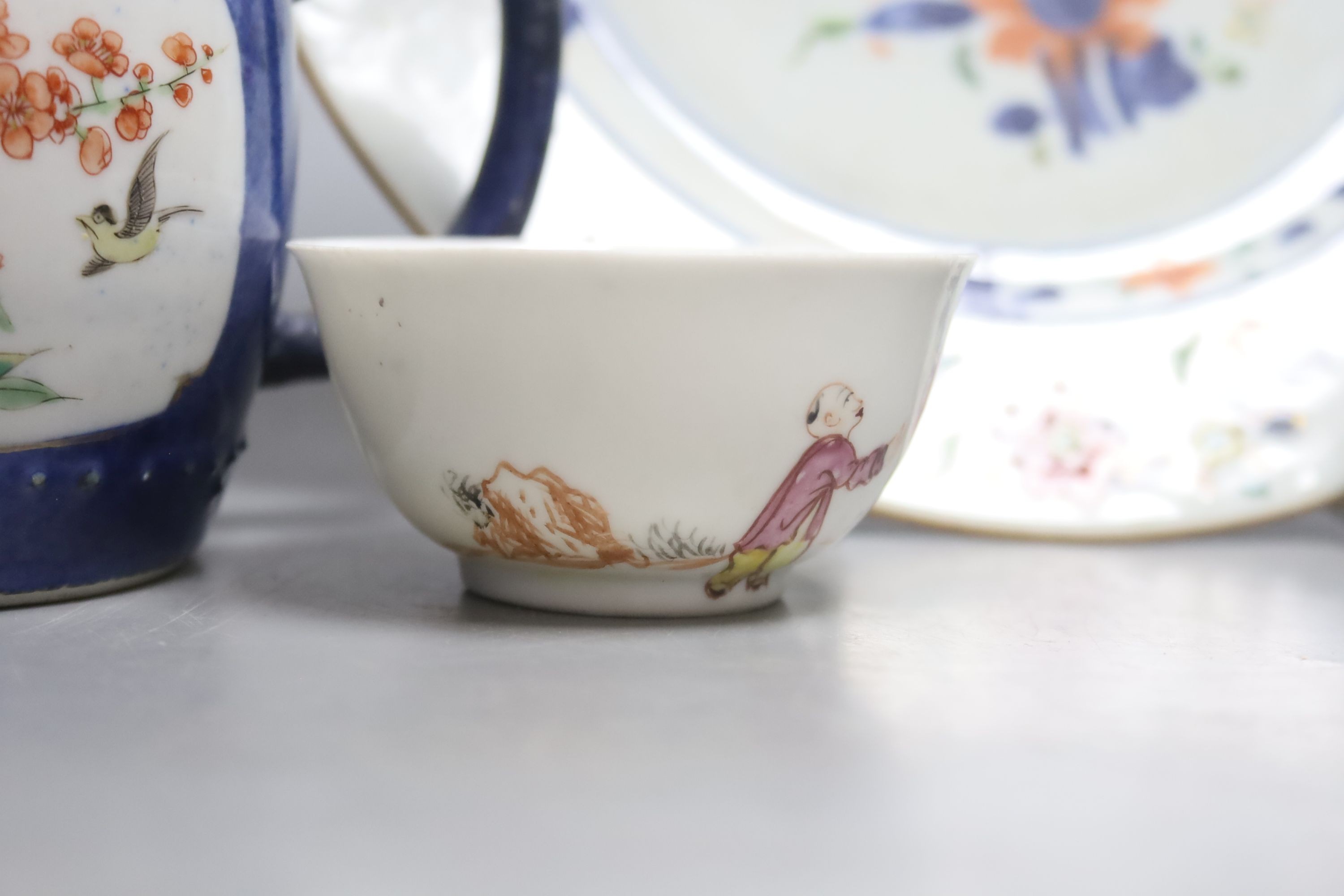 A collection of 19th and 20th century Chinese ceramics, tallest item jar and cover 15 cms high.